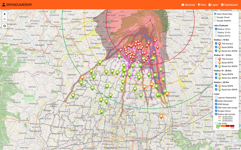 Mount Merapi WebGIS evacuation and hazard zones map